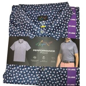 NWT Greg Norman Performance Golf Polo Shirt Mens XXL Navy Blue Triangle Print UV